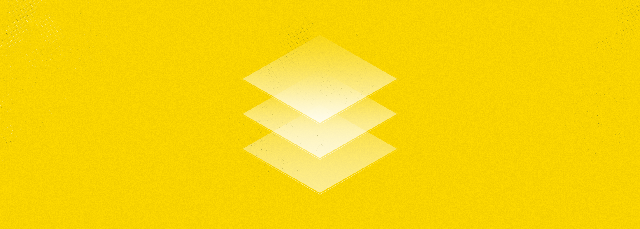 Kuva on graafinen ja keltainen ja siinä on päällekkäin kolme läpikuultavaa neliötä.